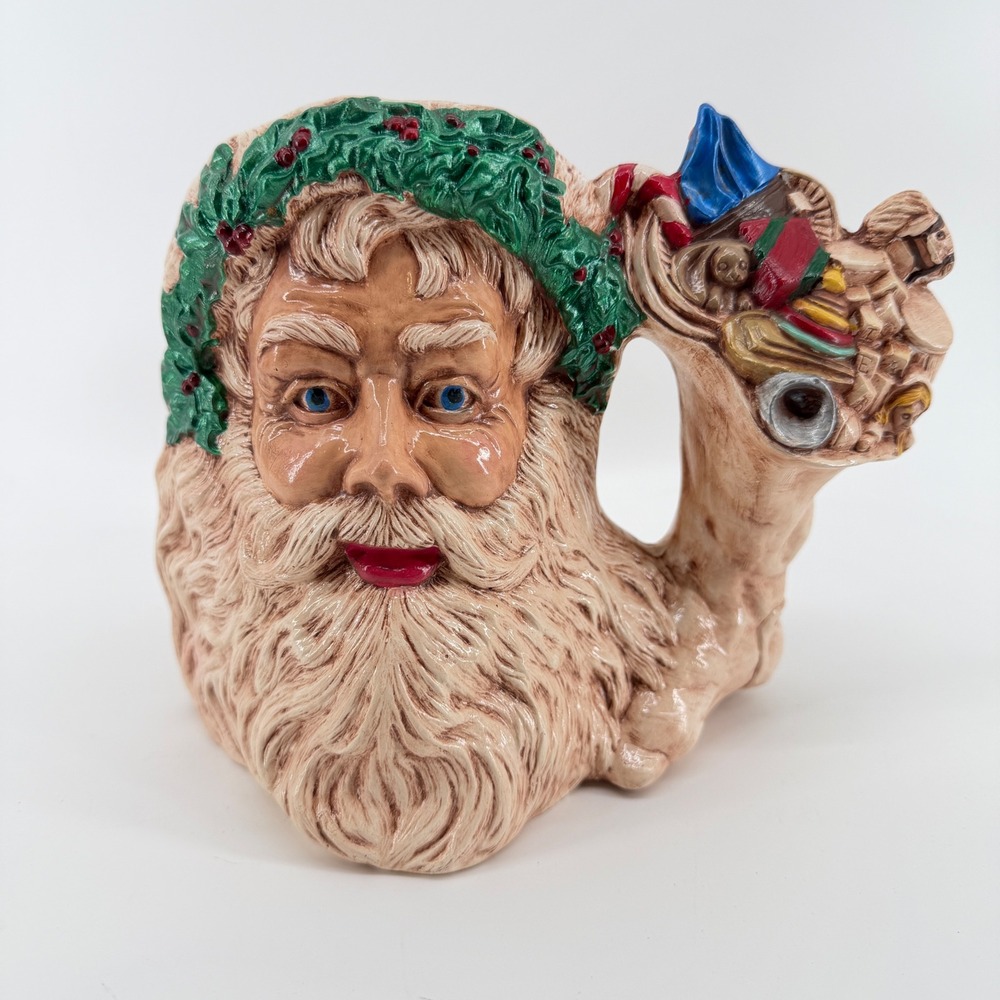 Vintage Ceramic Santa Claus Mug Holly Wreath Toy Sack Handle Christmas Decor